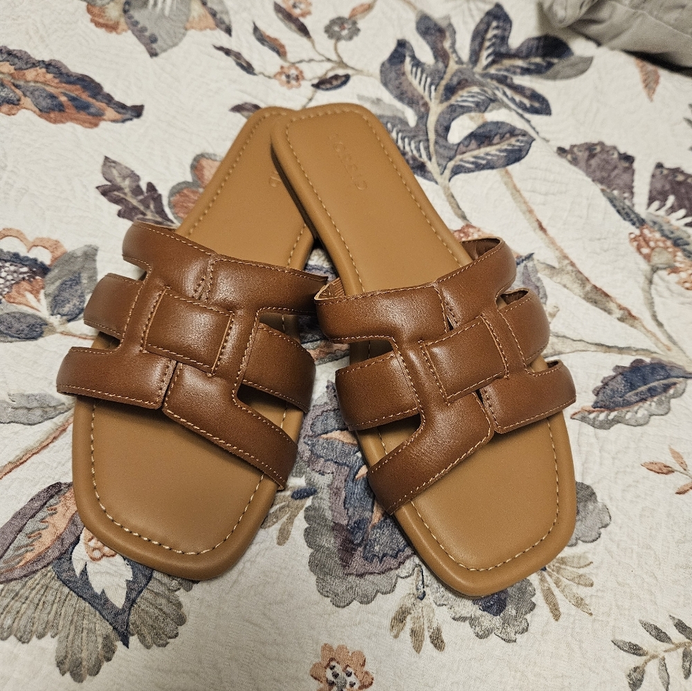 Brown Leather Slide Sandals